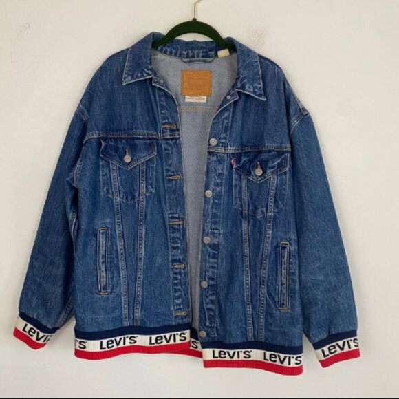 Levi's Oversized Denim Premium Bomber Jacket Red White Blue Levi's Logo Ribbing - Picture 4 of 7